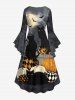 Plus Size Plaid Pumpkin Cat Tree Branch Moon Bat Print Halloween Costume High Low Asymmetric Ruched Dress -  