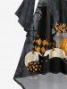 Plus Size Plaid Pumpkin Cat Tree Branch Moon Bat Print Halloween Costume High Low Asymmetric Ruched Dress -  