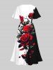 Plus Size Rose Flowers Contrast Colorblock Print Split Hawaii Midi Dress -  