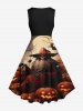 Plus Size Halloween Costume Pumpkin Latern Moon Skull Scarecrow Print 1950s Vintage Dress -  