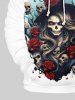 Plus Size Skull Wizard Rose Flower Tree Print Halloween Pocket Drawstring Pullover Long Sleeves Hoodie For Men -  