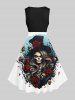 Robe D'Halloween Vintage Trapèze Rose Crâne et Arbre Imprimés de Grande Taille - Noir 6X