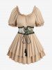 Plus Size Medieval Renaissance Ruffles Ruched Layered Floral Printed Lace-up Grommets Lace Trim Belted Off The Shoulder Top -  