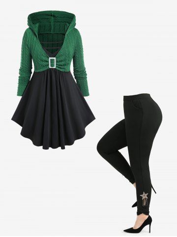 Cable Knit Two Tone Hooded 2 In 1 Top and Pentagram Tassel Twist Leggings Plus Size Outfit - GREEN