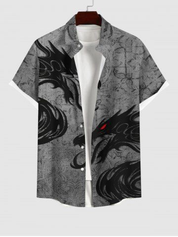 Plus Size Halloween Costume Dragon Floral Pattern Print Buttons Pocket Shirt For Men - DARK GRAY - XL