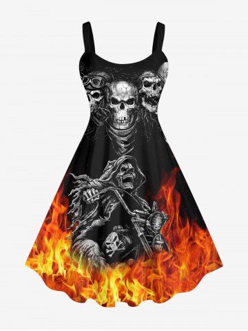 Plus Size Halloween Costume Skulls Fire Flame Print Tank Dress - MULTI-A - M