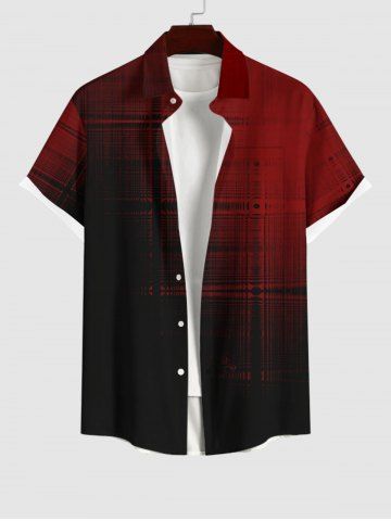 Plus Size Ombre Plaid Colorblock Print Buttons Pocket Hawaii Shirt For Men - DEEP RED - M