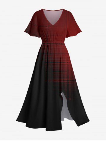 Plus Size Ombre Plaid Colorblock Print Split Hawaii Midi Dress - DEEP RED - XS