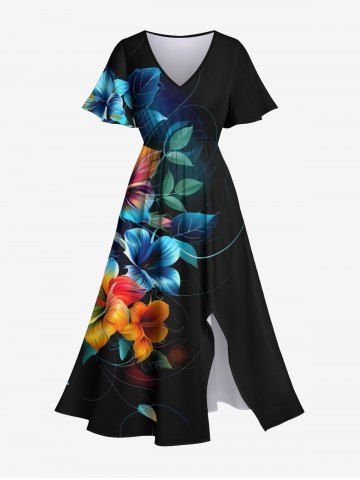 Robe D'Hawaii Mi-Longue Fendue Fleur D'Hibiscus Imprimée de Grande Taille - BLACK - 6X