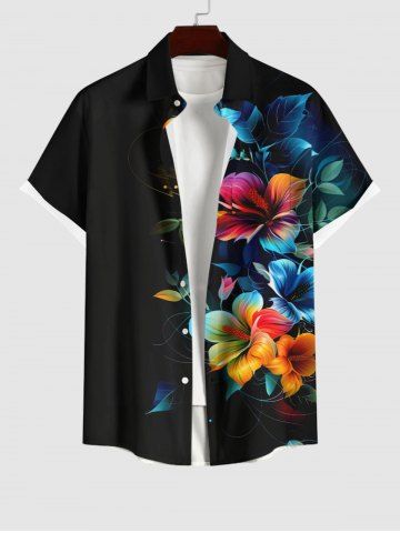 Plus Size Hibiscus Flowers Print Buttons Pocket Hawaii Shirt For Men - BLACK - XL