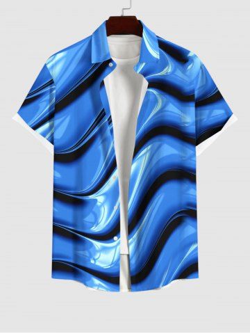 Plus Size Wave Gradient Abstract Art 3D Print Buttons Pocket Hawaii Shirt For Men - BLUE - L