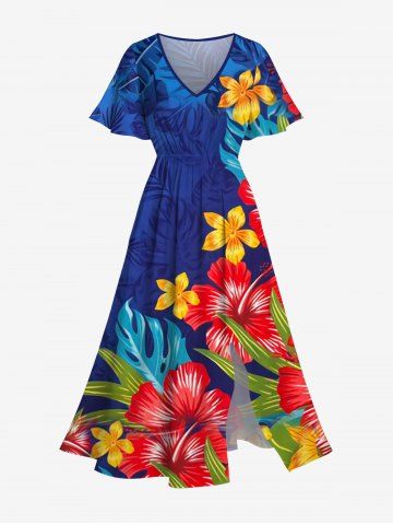 Plus Size Tropical Leaves Floral Print Hawaii Ombre Split Pocket A Line Midi Dress - SKY BLUE - 1X