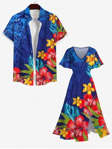 Tropical Leaves Floral Print Plus Size Matching Hawaii Beach Outfit For Couples