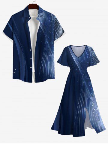 Curve Ombre Light Beam Galaxy Print Plus Size Matching Hawaii Beach Outfit For Couples - MIDNIGHT BLUE