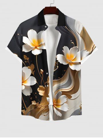 Plus Size 3D Gilding Leaves Flower Curve Print Hawaii Ombre Button Pocket Shirt For Men - BLACK - 3XL