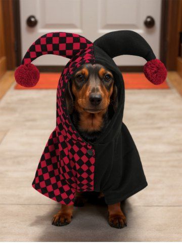 Pet's Halloween Costume Checkered Colorblock Print Clown Cosplay Hoodie - RED - M