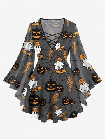 Plus Size Pumpkin Skateboard Ghost Lightning Spider Web Print Halloween Lattice T-shirt - MULTI-A - XS