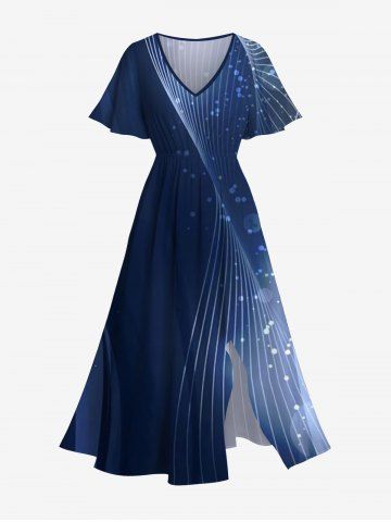 Plus Size Curve Ombre Light Beam Galaxy Print Hawaii Split Pocket A Line Midi Dress - MIDNIGHT BLUE - 5X