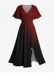 Plus Size Ombre Plaid Colorblock Print Split Hawaii Midi Dress -  