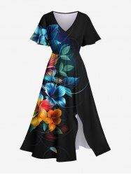 Plus Size Hibiscus Flowers Print Split Hawaii Midi Dress -  