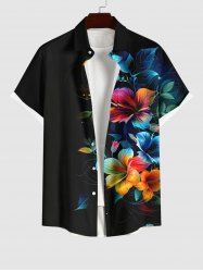 Plus Size Hibiscus Flowers Print Buttons Pocket Hawaii Shirt For Men -  