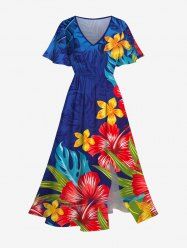 Robe Mi-Longue Feuille Tropicale Ombrée Ligne A de Grande Taille avec Poche - Bleu Ciel 1X