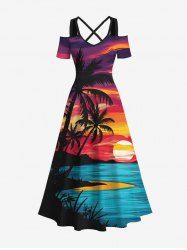 Maxi Robe Ligne A Ombrée Cocotier et Coucher du Soleil Imprimés de Grande Taille - Multi-A 5X