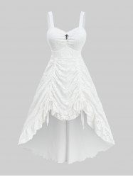 Plus Size Floral Lace Overlay Cinched Ruched Cross High Low Asymmetric Solid A Line Tank Dress -  