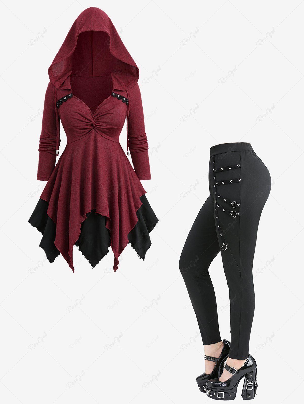 Latest Twist Lace Trim Drawstring Hooded Layered Handkerchief Top and Grommet Straps Leggings Plus Size Outfit  
