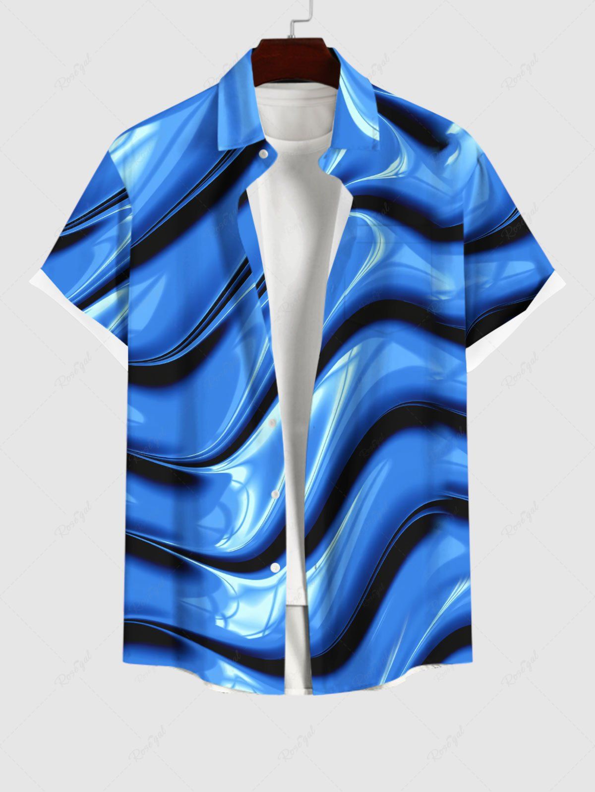 Shop Plus Size Wave Gradient Abstract Art 3D Print Buttons Pocket Hawaii Shirt For Men  