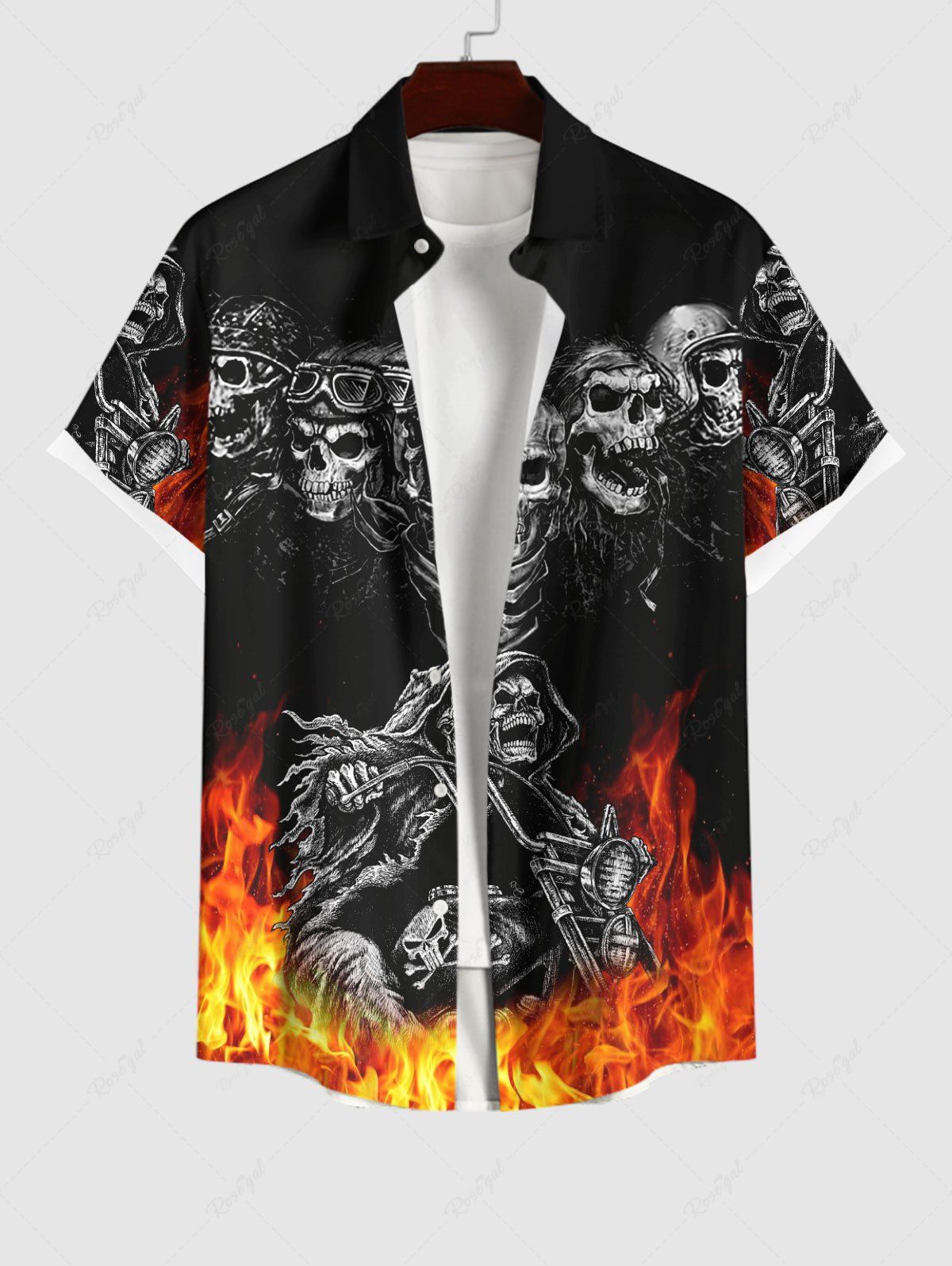 Sale Plus Size Halloween Costume Skulls Fire Flame Print Buttons Pocket Shirt For Men  