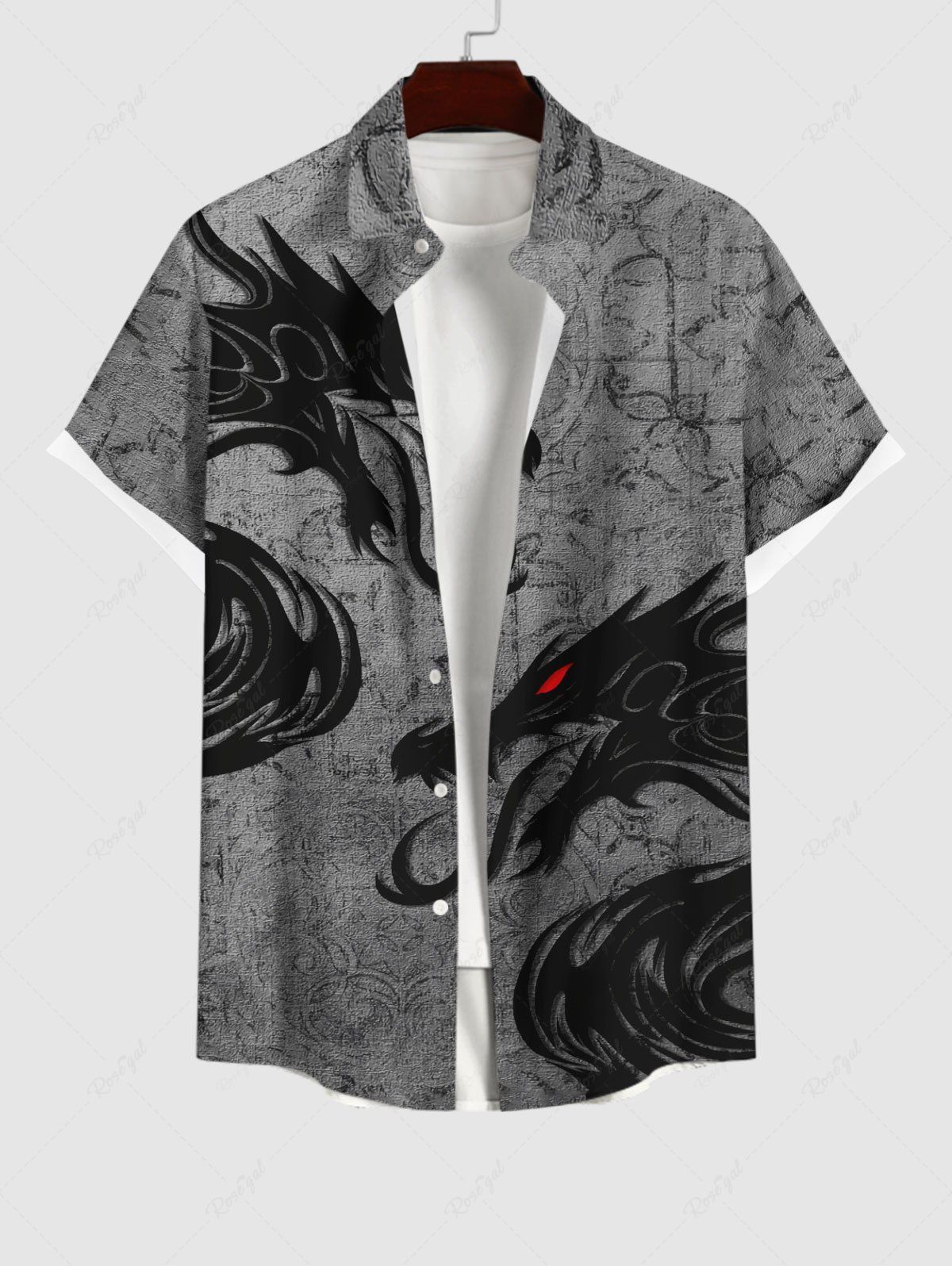 Best Plus Size Halloween Costume Dragon Floral Pattern Print Buttons Pocket Shirt For Men  