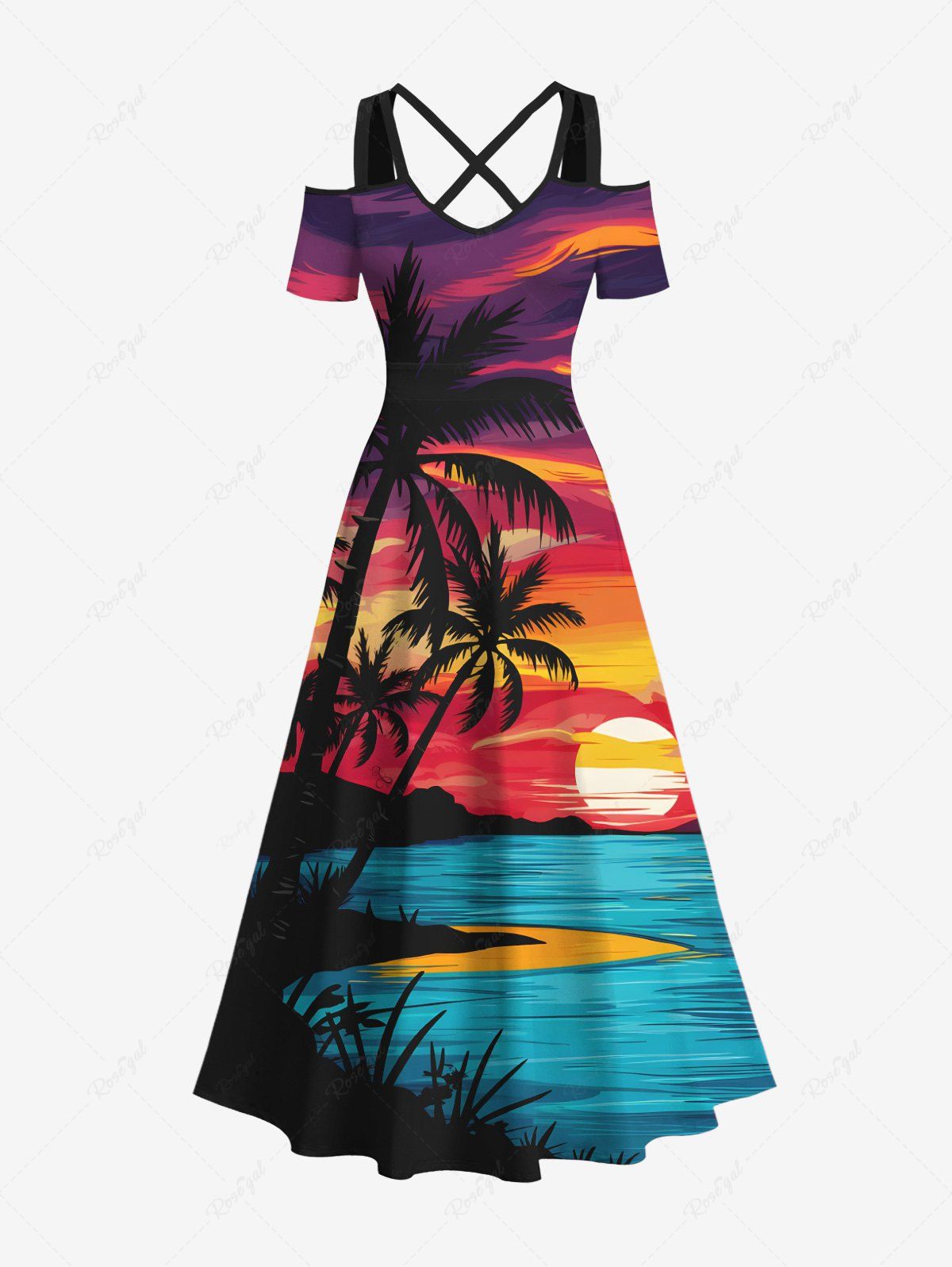 Latest Plus Size Coconut Tree Sea Sunset Dusk Ombre Sky Print Hawaii Crisscross A Line Maxi Dress  