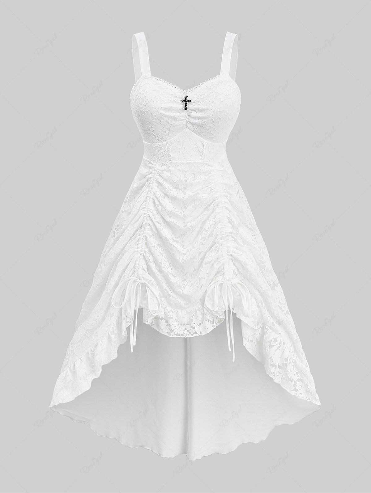 Store Plus Size Floral Lace Overlay Cinched Ruched Cross High Low Asymmetric Solid A Line Tank Dress  