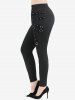 Twist Lace Trim Drawstring Hooded Layered Handkerchief Top and Grommet Straps Leggings Plus Size Outfit -  