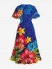 Robe Mi-Longue Feuille Tropicale Ombrée Ligne A de Grande Taille avec Poche - Bleu Ciel XXS