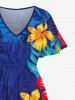 Robe Mi-Longue Feuille Tropicale Ombrée Ligne A de Grande Taille avec Poche - Bleu Ciel XXS