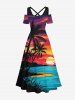 Maxi Robe Ligne A Ombrée Cocotier et Coucher du Soleil Imprimés de Grande Taille - Multi-A 5X