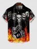 Plus Size Halloween Costume Skulls Fire Flame Print Buttons Pocket Shirt For Men -  
