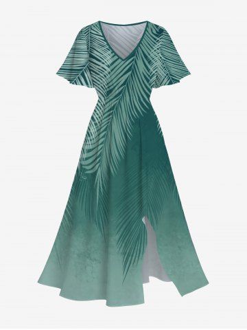 Plus Size Tropical Palm Tree Leaf Ombre Print Split Hawaii Midi Dress - GREEN - XS