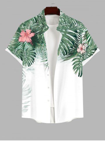 Plus Size Tropical Palm Leaf Hibiscus Flower Print Buttons Pocket Hawaii Shirt For Men - WHITE - L