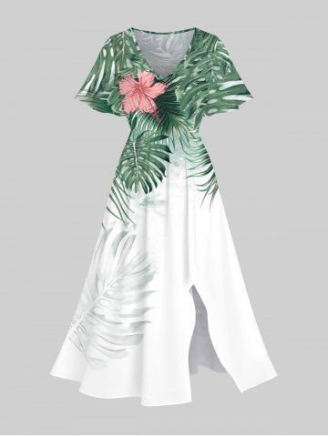 Plus Size Tropical Palm Leaf Hibiscus Flower Print Split Hawaii Midi Dress - WHITE - 1X