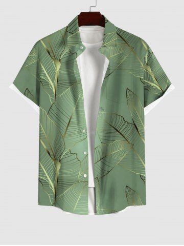 Plus Size Tropical Metallic Leaf Print Buttons Pocket Hawaii Shirt For Men - GREEN - L