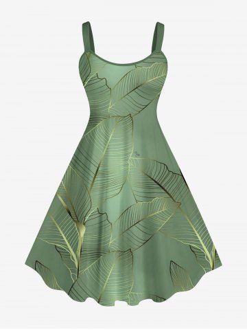 Plus Size Tropical Metallic Leaf Print Hawaii Tank Dress - GREEN - XS