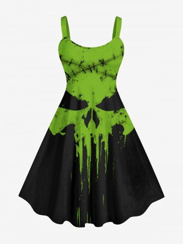 Plus Size Halloween Costume Pumpkin Face Paint Drop Ripped Stitching 3D Print Tank Dress - GREEN - S