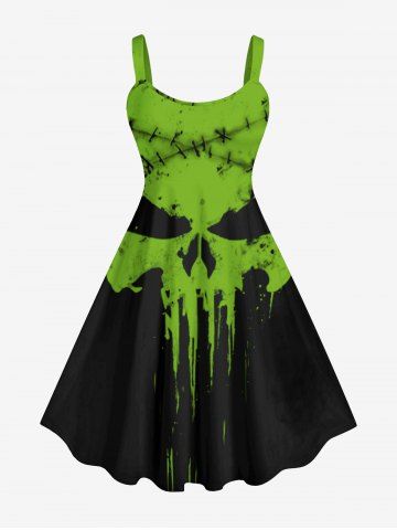 Plus Size Halloween Costume Pumpkin Face Paint Drop Ripped Stitching 3D Print Tank Dress - GREEN - 1X