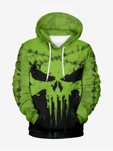 Plus Size Halloween Costume Skull Ripped Stitching Paint Drop 3D Print Pocket Drawstring Hoodie For Men - GREEN - 3XL