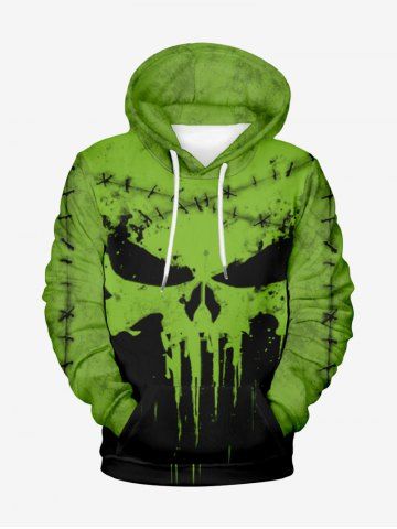 Plus Size Halloween Costume Skull Ripped Stitching Paint Drop 3D Print Pocket Drawstring Hoodie For Men - GREEN - 5XL