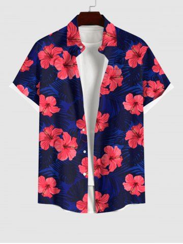 Plus Size Floral Tropical Leaves Print Hawaii Ombre Button Pocket Shirt For Men - BLUE - L