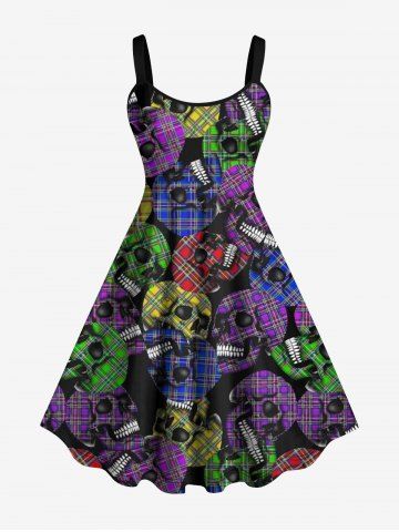 Plus Size Colorful Plaid Skulls Print Halloween Costume A Line Tank Dress - BLACK - M